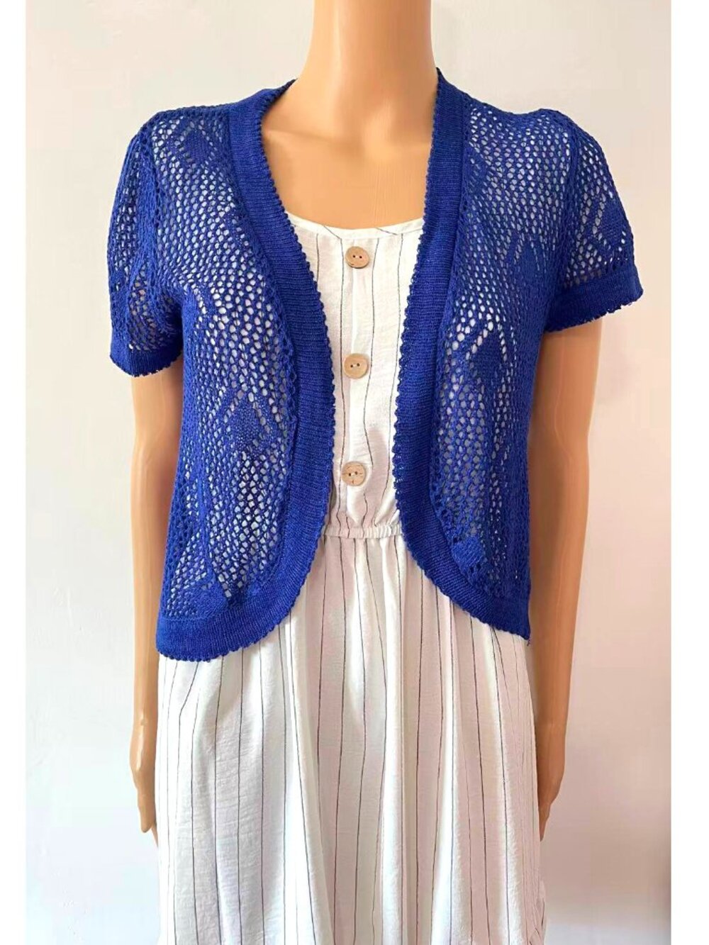 Women Summer Crochet Short Sleeve Shoulder Shrug - One Size, Blue